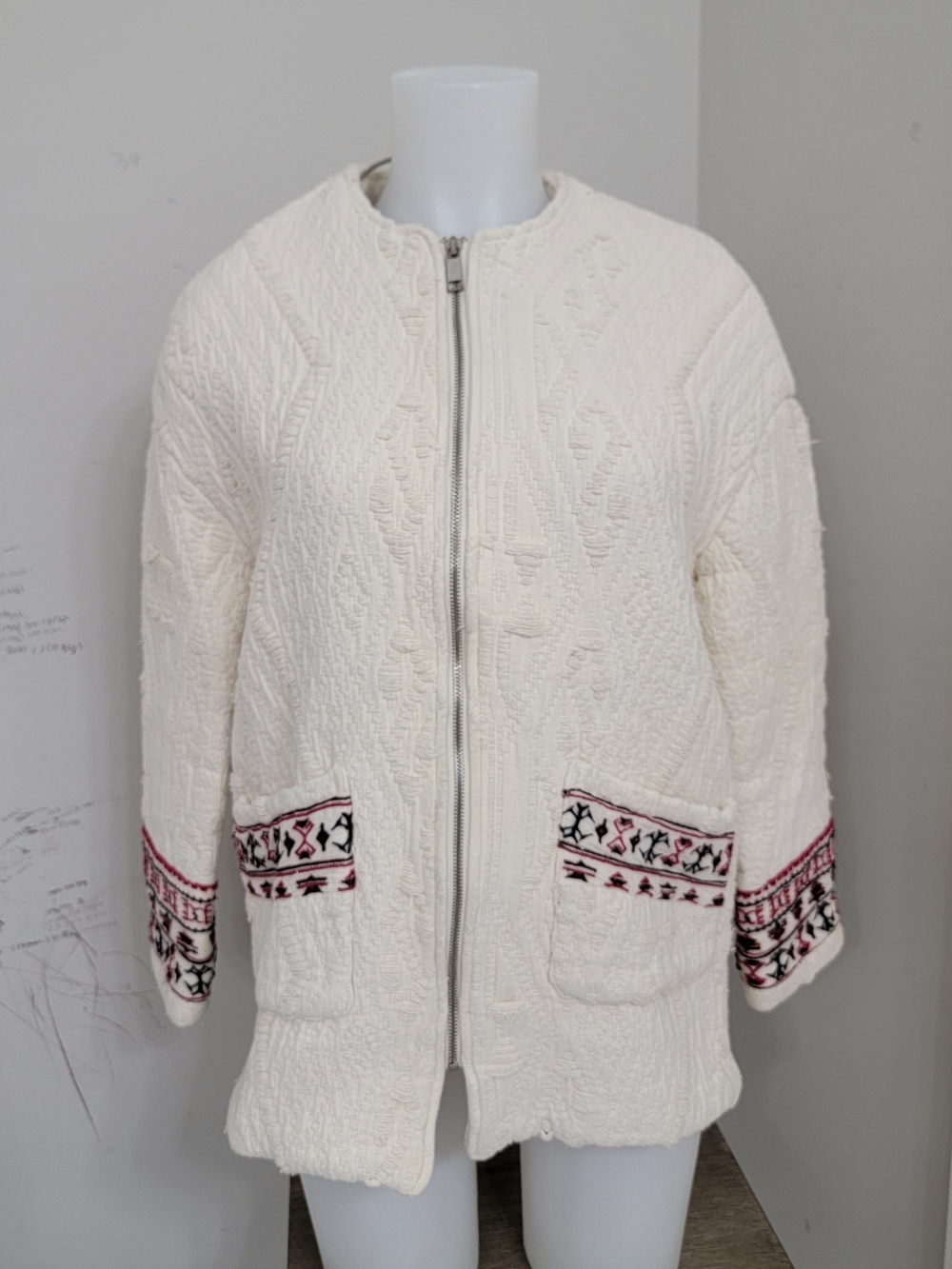 Mango Cream Textured Zip-Front Jacket with Embroidered Trim
